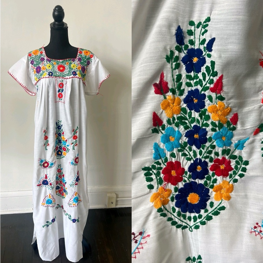 Vintage Oaxacan Hand Embroidered Maxi 70’s Mexican Floral Embroidered Dress